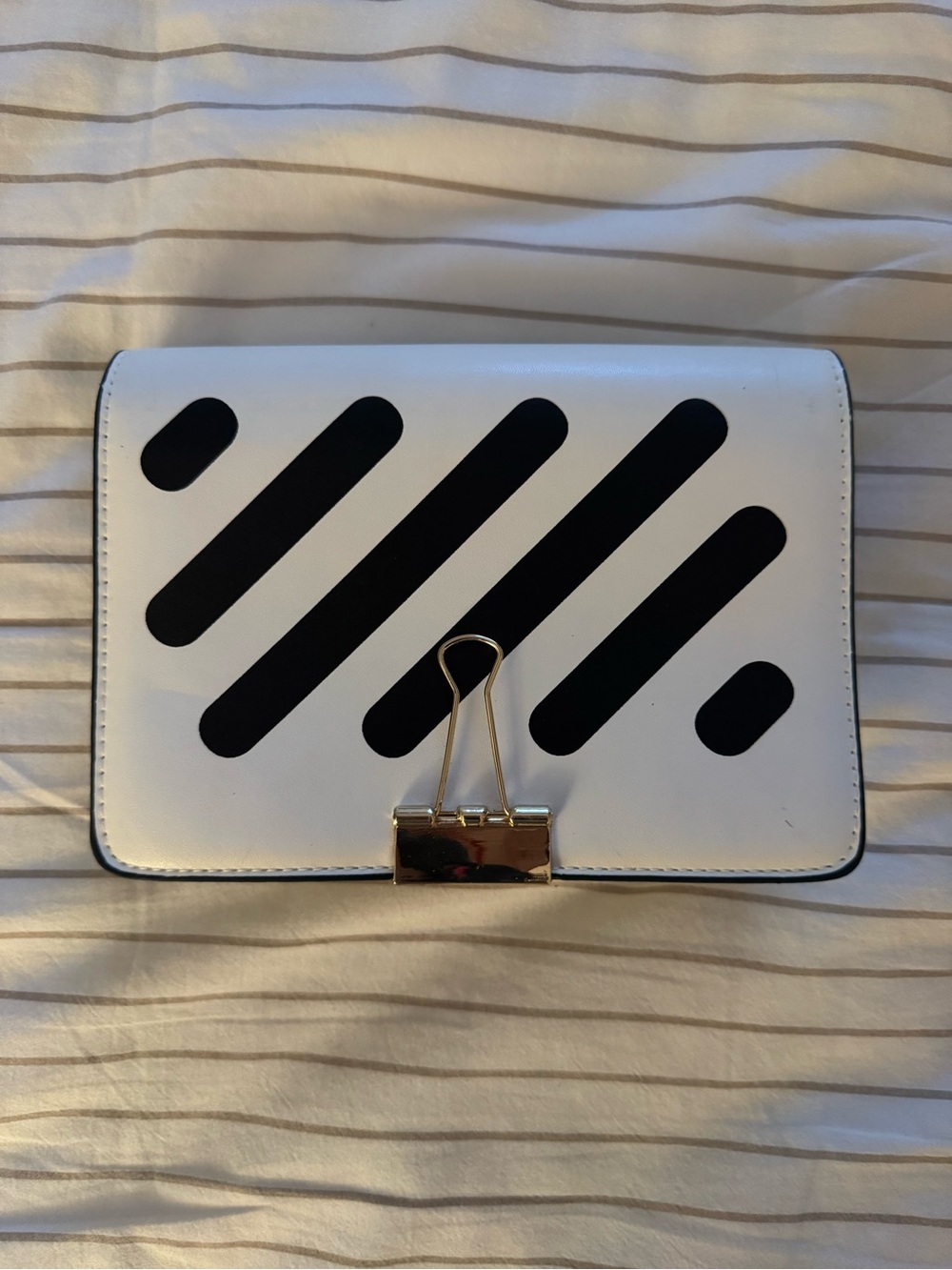 White Crossbody Clutch with Black Diagonal Stripe Design